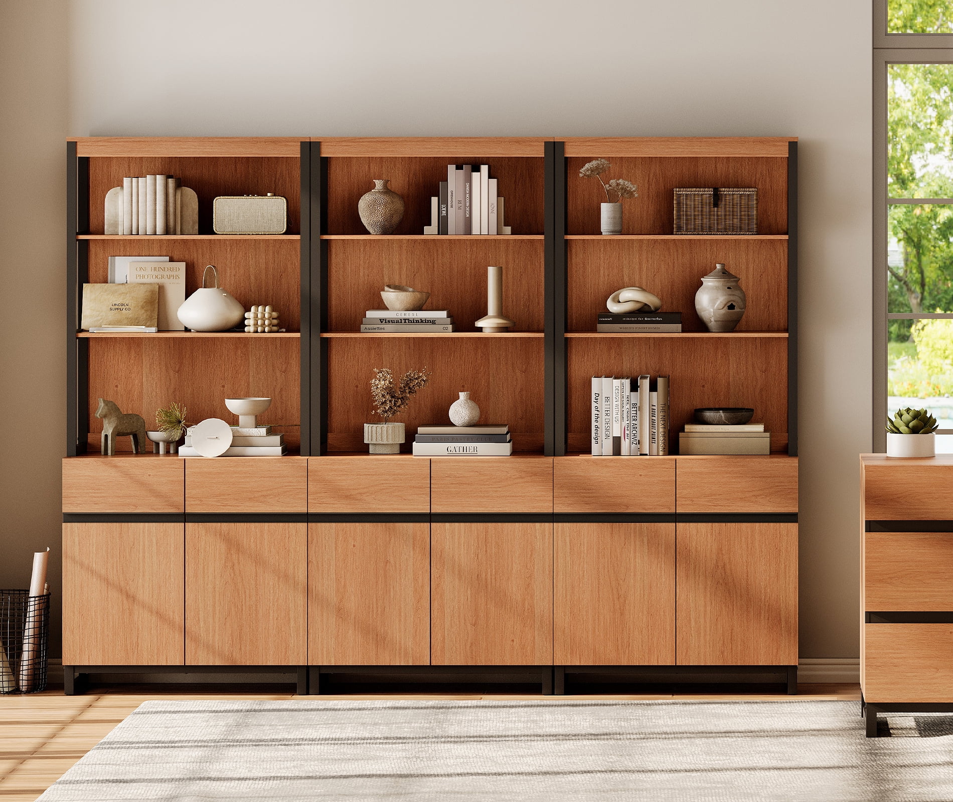 WAMPAT 3-Piece Modern 72" Tall Library Bookcases with Metal Base & Adjustable Shelves, Wood Bookshelves with Storage Cabinet & Open Shelves for Home Office & Living Room, Mocha