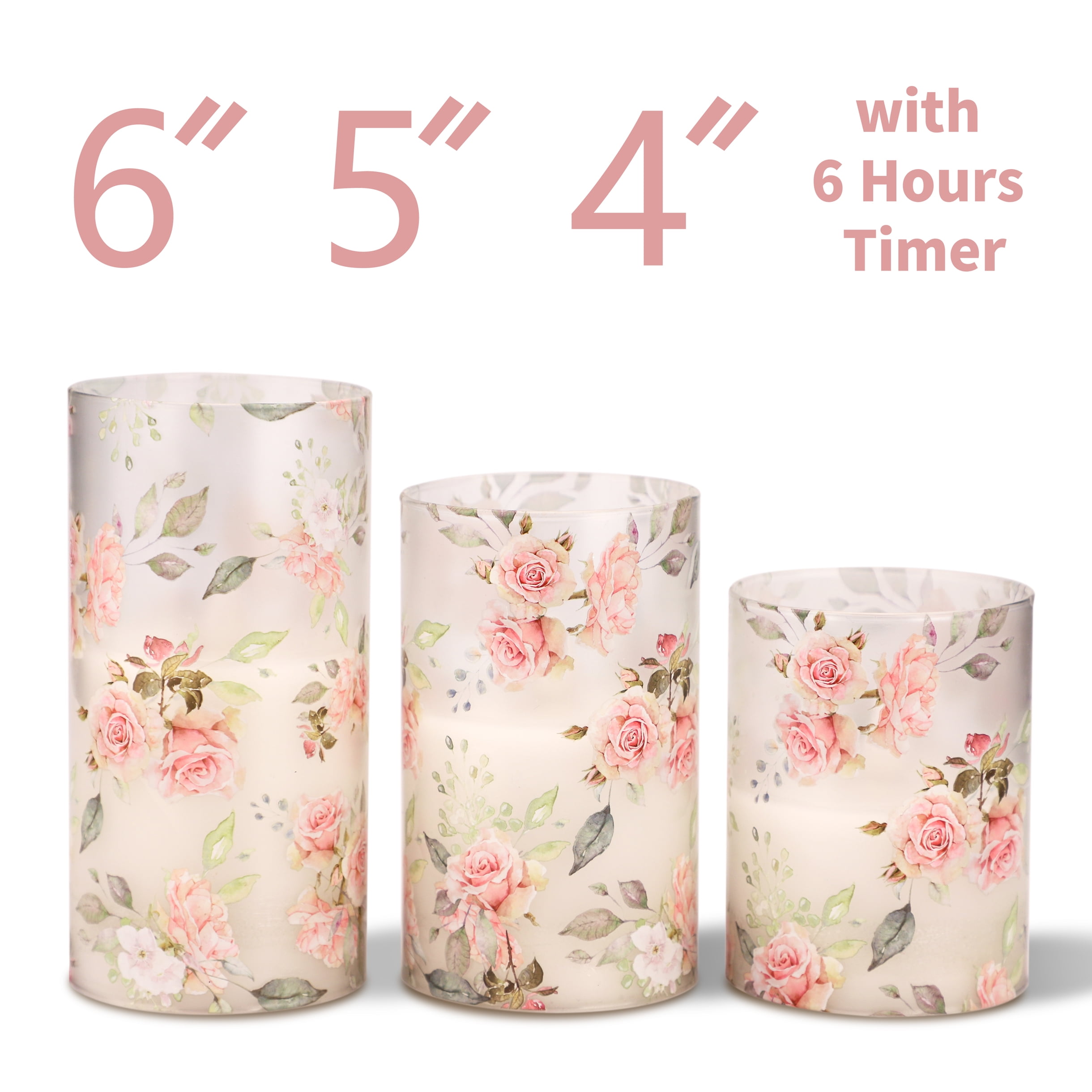 Meltone Rose LED Flameless Candles Battery Operated, Real Wax Glass LED Pillar with Remote Control, 3pcs Candle Set 3''x4''/5''/6''