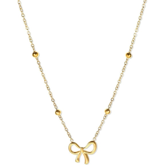 skyyds Steel Gold Bow Necklace For Women Dainty Bow Pendent Choker Necklace Gold Beaded Necklace Bow Jewelry[P4316]