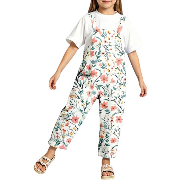 Ruyang Girls Jumpsuits Floral Print Wide Leg Loose Fit Adjustable Straps Rompers Summer Outdoor Lightweight Straight Overalls