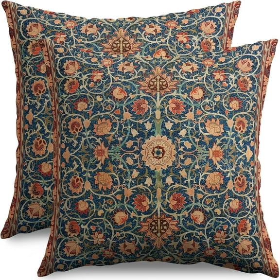 Vintage Floral Pillow Covers 18x18 Set of 2 Modern Botanical Print Blue Burnt Orange Flower Pattern Decorative Throw Pillow Cases Outdoor Farmhouse Decoration for Sofa Couch Bed