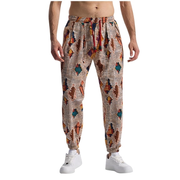 HomeGardon Linen Pants Men Casual Fashion Elastic Waist Print Trousers Elastic Bottom of A Trouser Leg Long Pants,S-XXXL