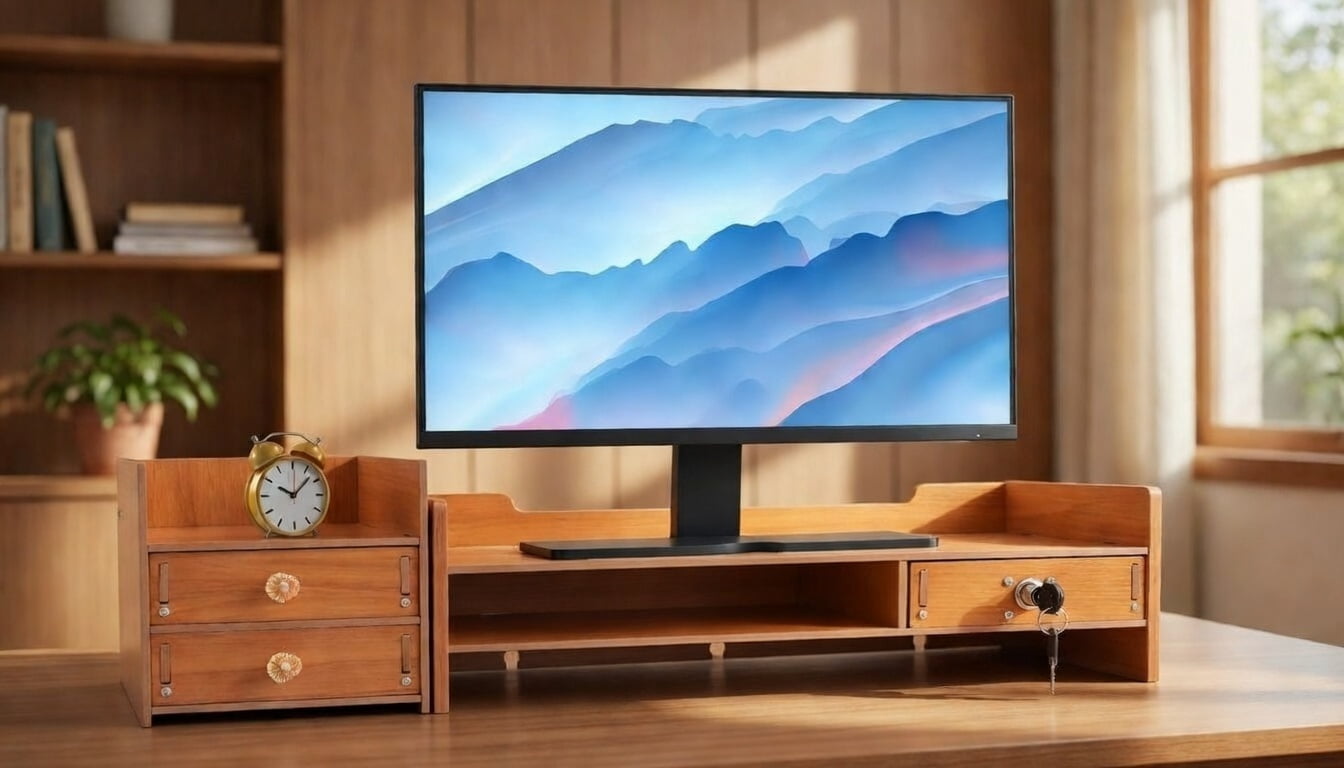 Wooden Desk Monitor Riser with Secure Drawer and Storage Slots
