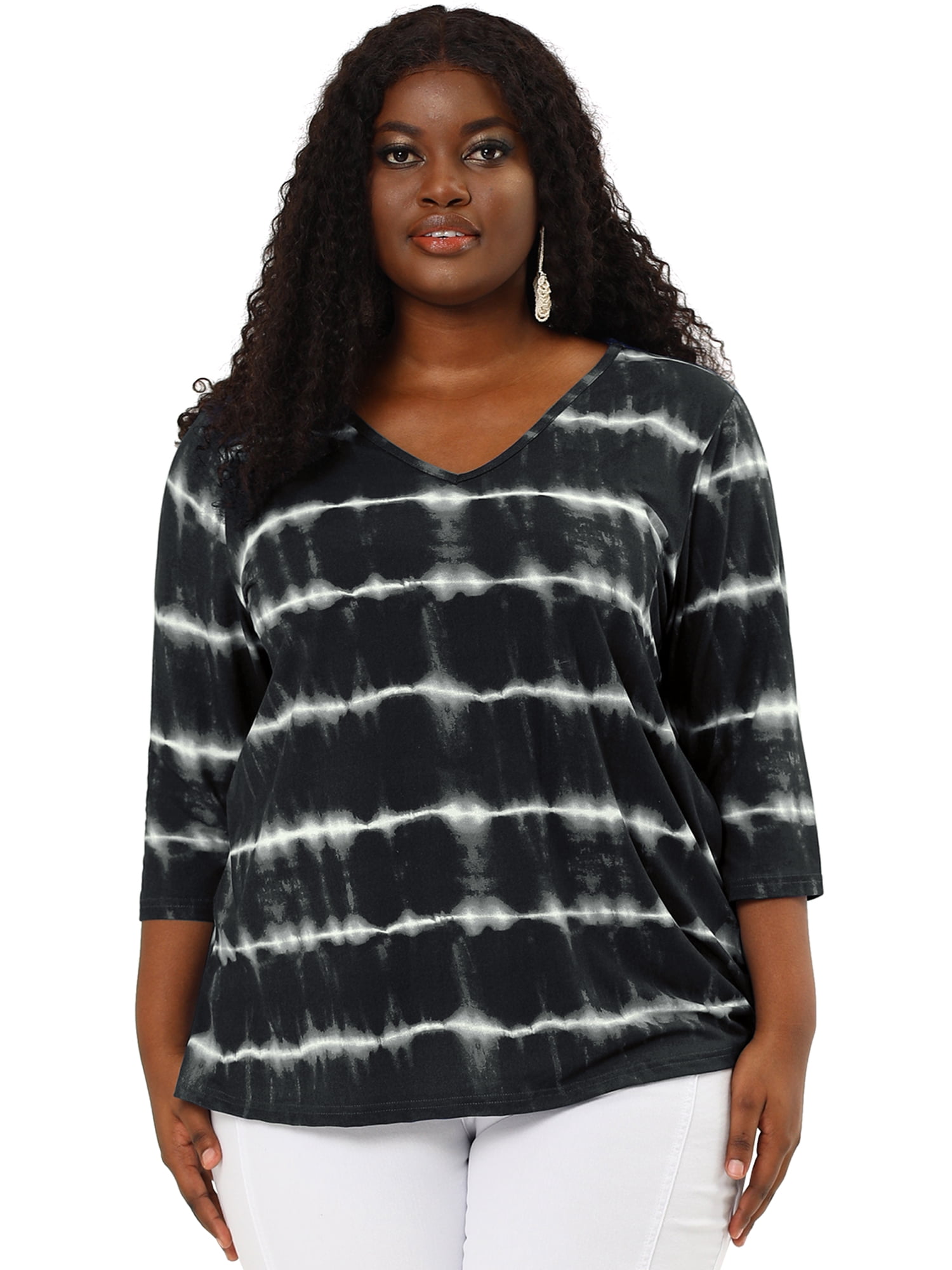 DARING DIVA Women's Plus Size V Neck 3/4 Sleeve Striped Tie Dye Blouse L Black