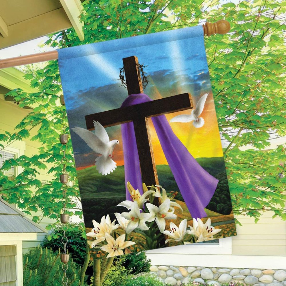Easter Sunrise Religious House Flag Vertical Double Sided Cross Doves