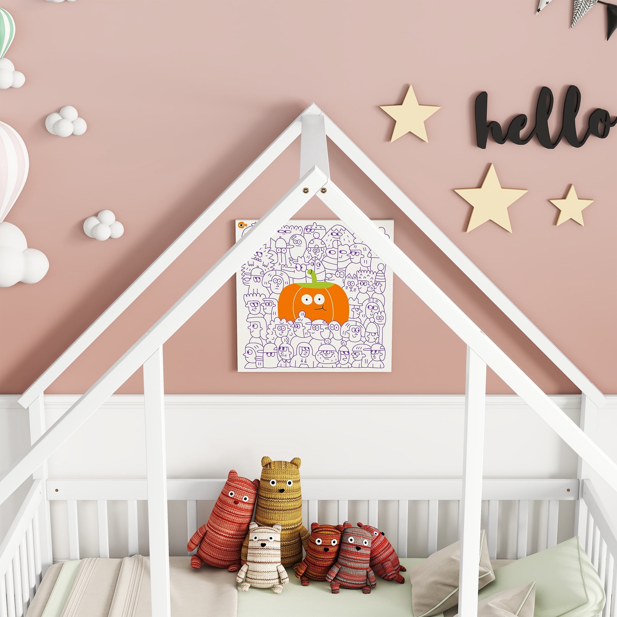 Leumius Full Wood House-Shaped Floor Bed with Fence, Guardrails for Boys Girls White