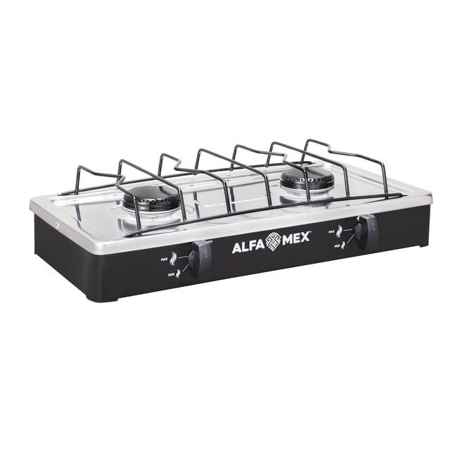 Alfamex Parrilla de Gas LP de 2 Quemadores - Cubierta Acero Inoxidable 47x27 cm - Parrilla de Sobreponer Compacta, Duradera y Fácil de Limpiar - Ideal para Cocinas Pequeñas (Acer