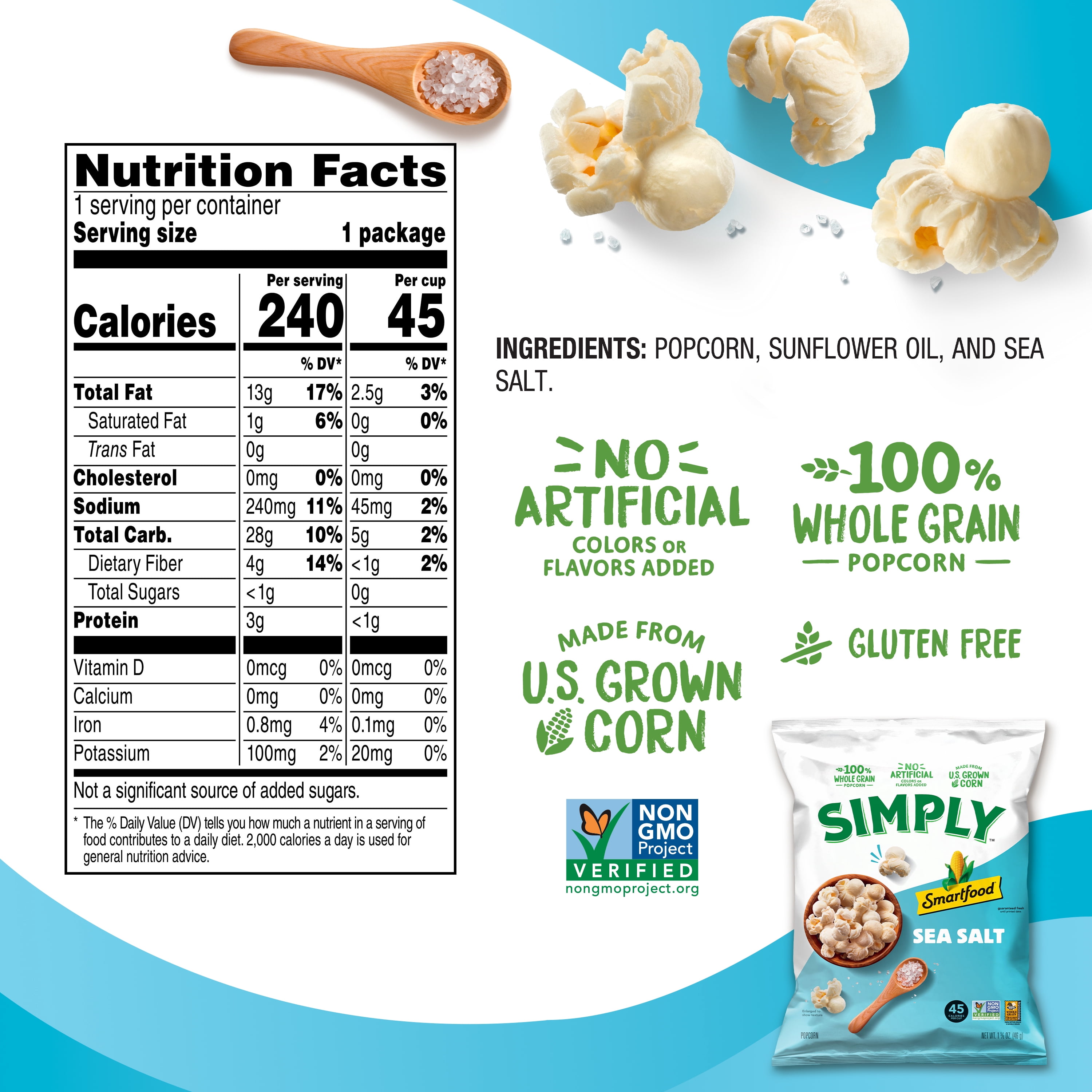 Smartfood Popcorn Simply Sea Salt Flavored Popcorn Snack, 1.625oz Bag Single Pack