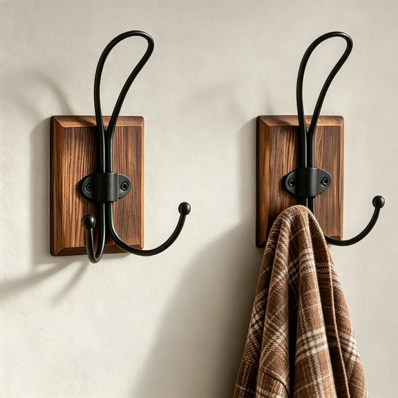 2-Pack Rustic Wood Wall Hooks, Wall Mounted or Adhesive Coat Rack