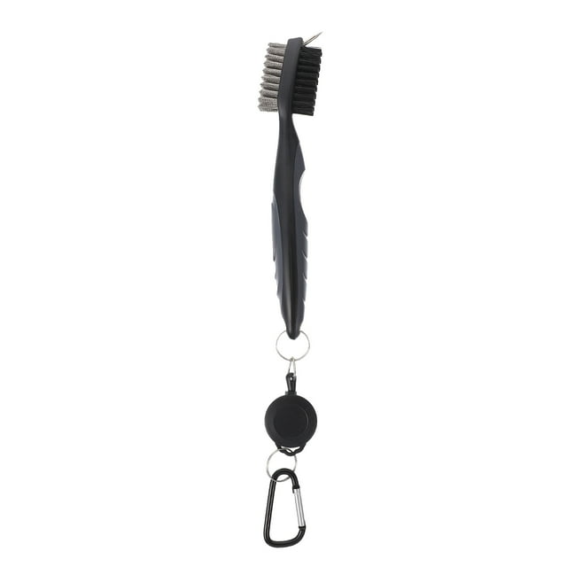 1Pc Club Brush Double Side Cleaning Brush Club Cleaning Tool, a grey golf accessory made of durable plastic and ABS with ergonomic grips. Features a double-sided design with stiff bristles and a pointed cleaning tip for removing dirt and grit from golf clubs and balls. Includes a retractable clip and carabiner for easy portability.