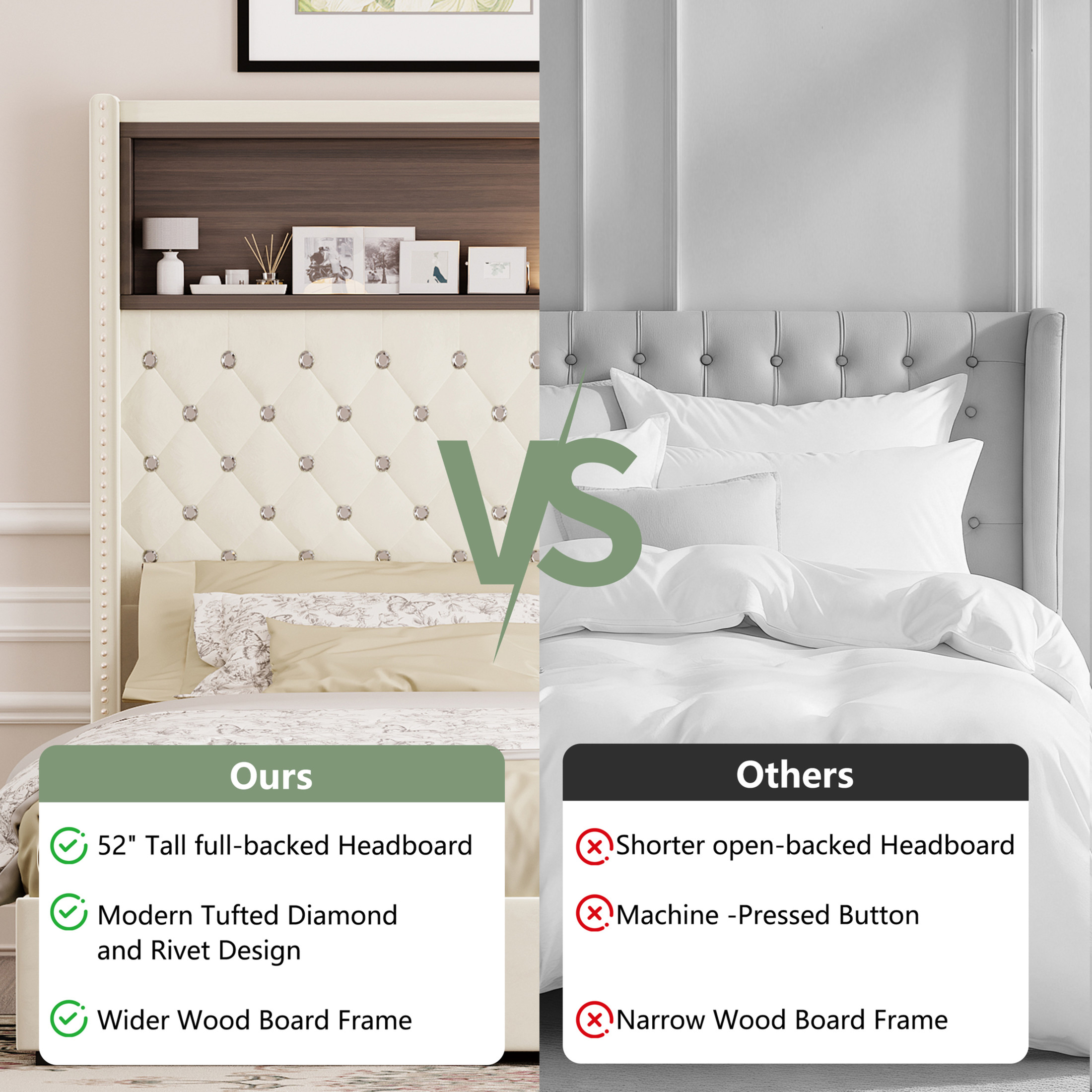 Noble House Queen Size Velvet Tufted Bed Frame with USB Port, Night Light, 52" Rivet-Decor Headboard,Headboard Shelf, Beige