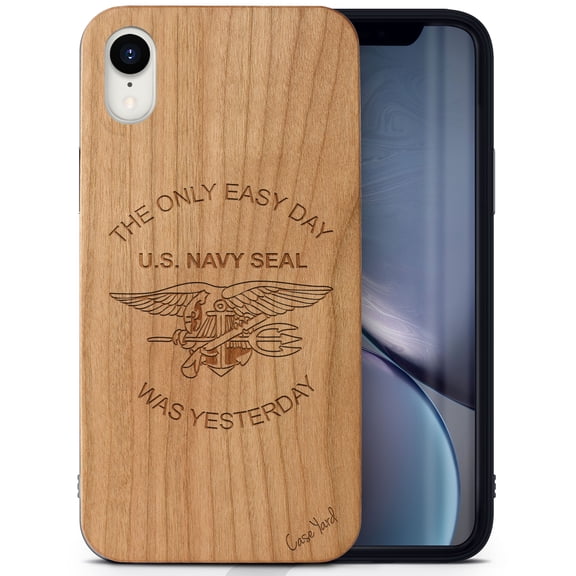 Case Yard Wooden Case Outside Soft TPU Silicone, Slim Fit Shockproof Wood Protective Phone Cover for Girls Boys Men and Women, Supports Wireless Charging Navy 1 Design case for iPhone-XR