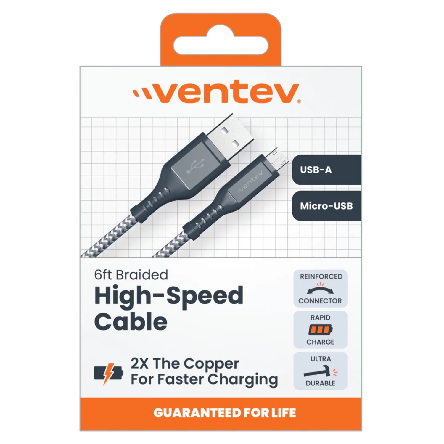 Ventev BC6-GRY262896 6 ft. High Speed USB A to Micro USB Braided Cable with 2x The Copper for Faster Charging - Gray