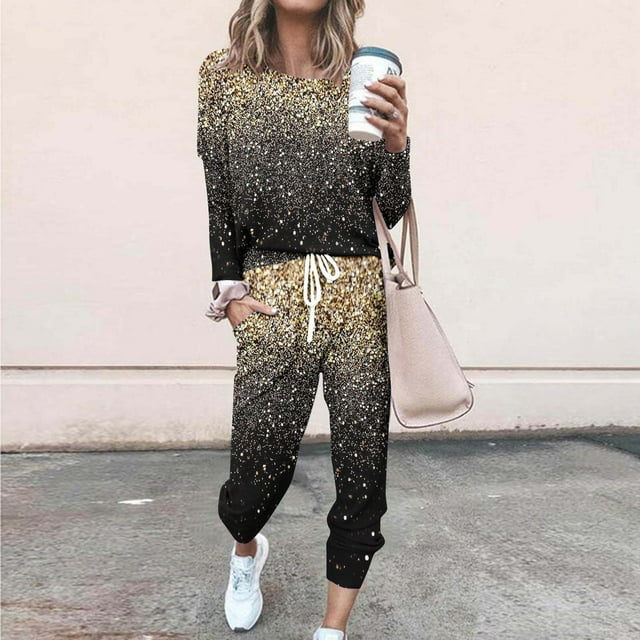 Blouses for Women, Womens Fashionable Loose Printed Long Sleeved Round Neck Drawstring Casual Set
