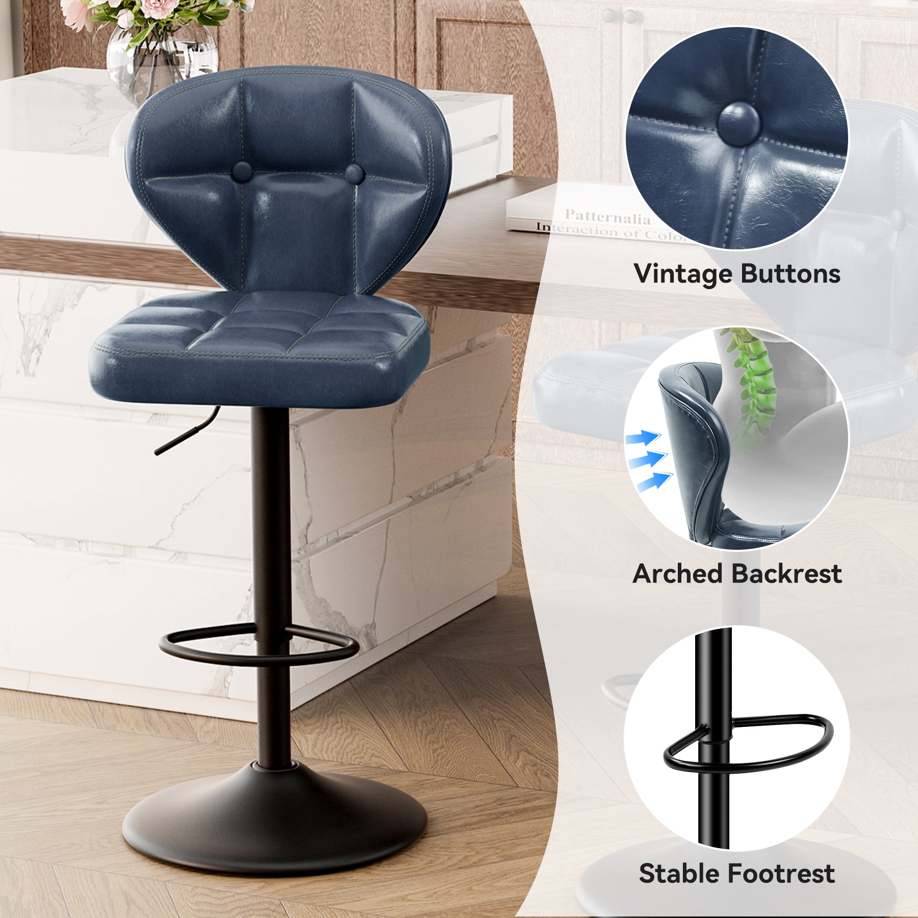 MOONMISS Bar Stools Set of 2, Modern Swivel Bar Chairs with Mid Back and Adjustable Seat Height,Blue