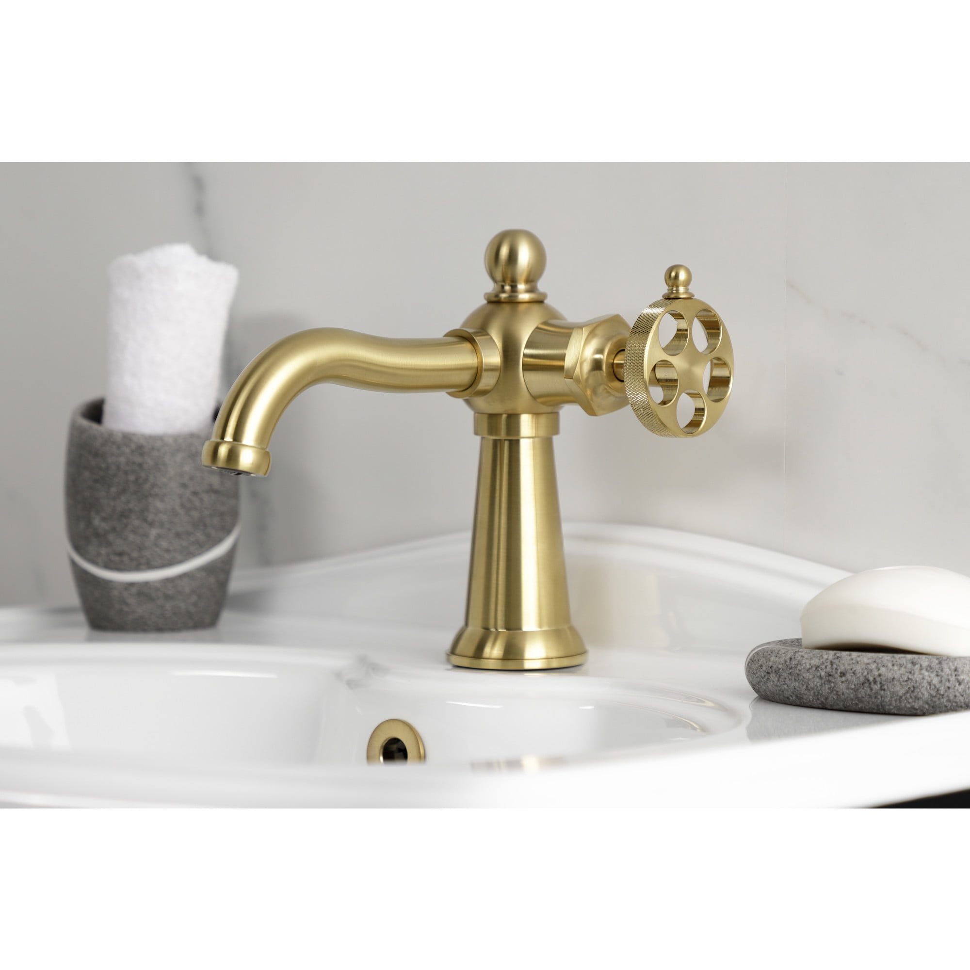 Kingston Brass KS3547RKZ Wendell One-Handle Single-Hole Bathroom Faucet with Knurled Handle and Push Pop-Up Drain, Brushed Brass