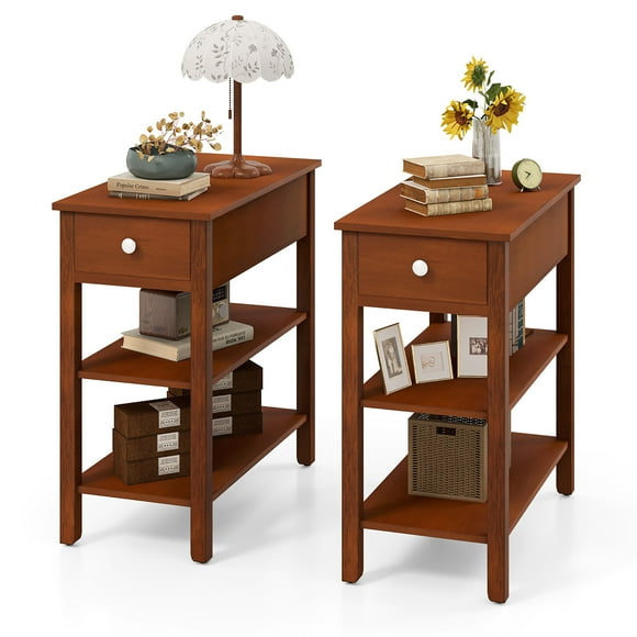 Gymax 2 PCS Narrow End Tables w/Drawer Shelves & Rubber Wood Legs Sofa Side Table