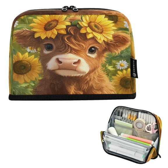 Standing Pencil Case with Base Large Capacity Stationery Pouch Pen Bag with Zipper for Women Men Cute Highland Cow