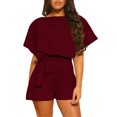 thumbnail image 1 of Femmes Manches Courtes O-Cou Courte Combinaison Solide Ceinturée Jambe Large Pantalon Coupe Ample Playsuit, 1 of 7