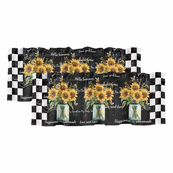 2 Panels Sunflower Vintage Valance for Windows, Farmhouse Floral Black Checkered Light Filtering Kitchen Curtains, Rod Pocket Window Treatment Curtain Valances for Living Room Bedroom, 42"x12"