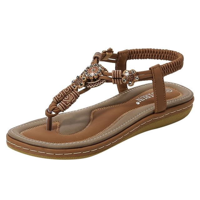 Kcodviy Femmes Dames Sandales en Raphia à Perles à Cordon Femmes Décontractées Bande Élastique Sandales Bohèmes pour Femmes Chaussures de Plage Sandales