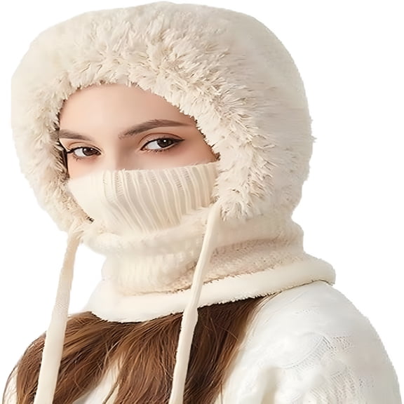 TELOLY 3 in 1 Beanie Hat for Women, Knitted Beanie Hat, Mask Set Hooded Piece Windproof Warm Snow Cap
