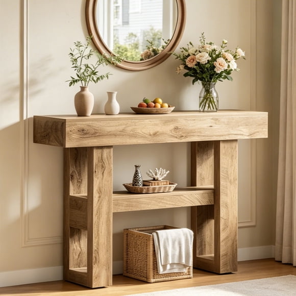 Fnova 41.34" Farmhouse Console Table, Narrow 2-Tier Wood Entryway Table with Storage Shelf, Sofa Table for Living Room, Hallway, Behind Couch, Light Brown