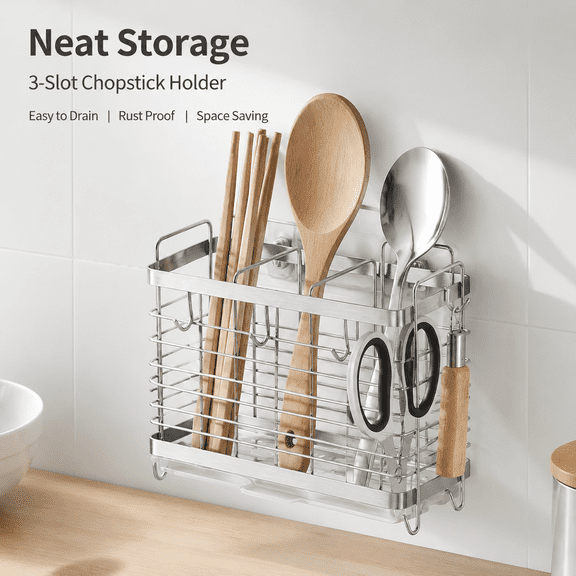 Carestrong 3 Compartment Utensil Holder, Stainless Steel Utensil Drying Rack with Drain Tray, Kitchen Counter Drainer Basket Silverware Cutlery Flatware Holder Forks, Knives, Spoons.