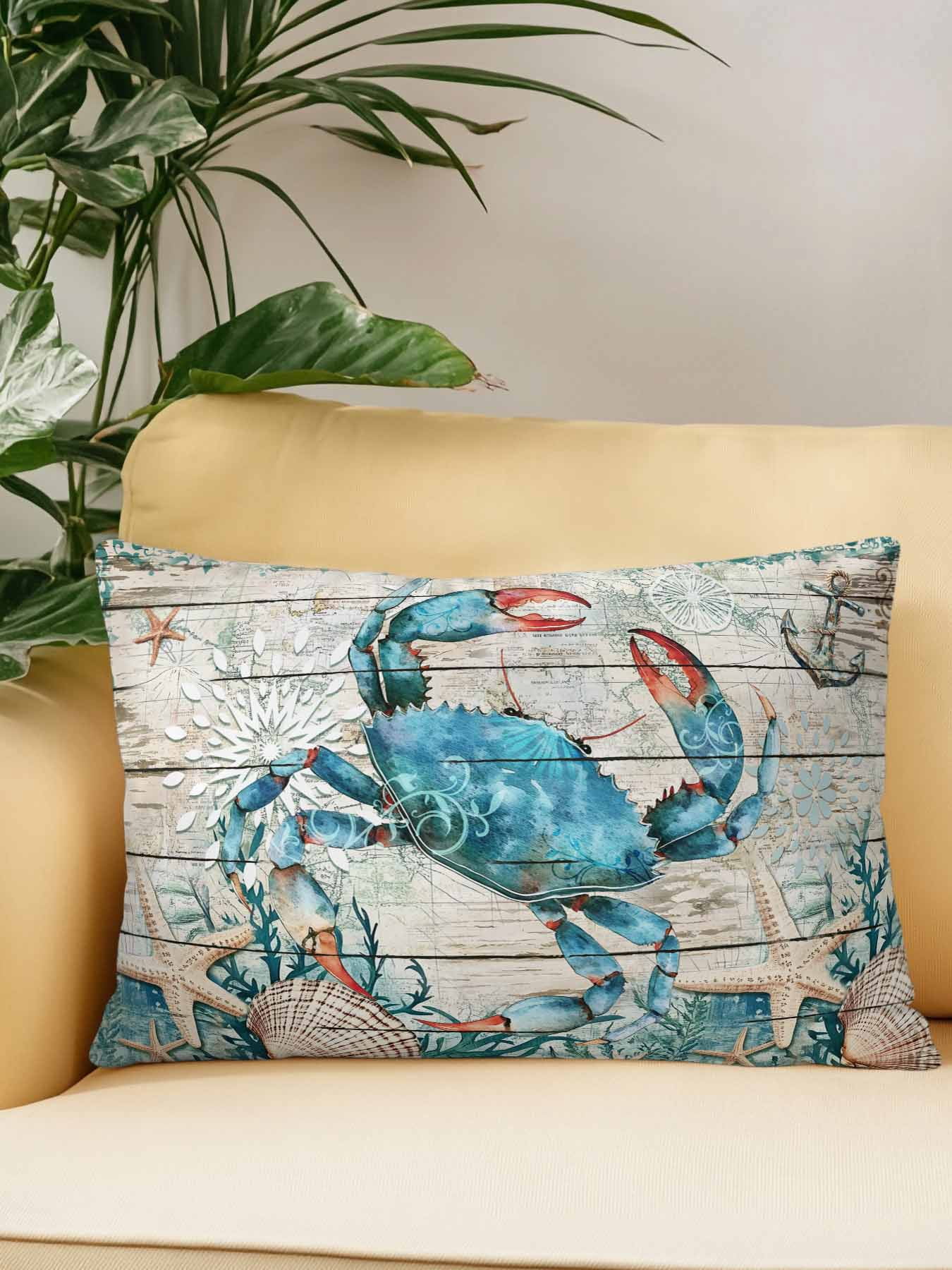 Outdoor Pillows Waterproof, Teal Crab Coastal Bedding Throw Pillows with Insert for Couch Sofa Bed, Summer Beach Nautical Starfish Retro 12x20 Inch Pillowcases Decorative Patio Pillow Set of 1
