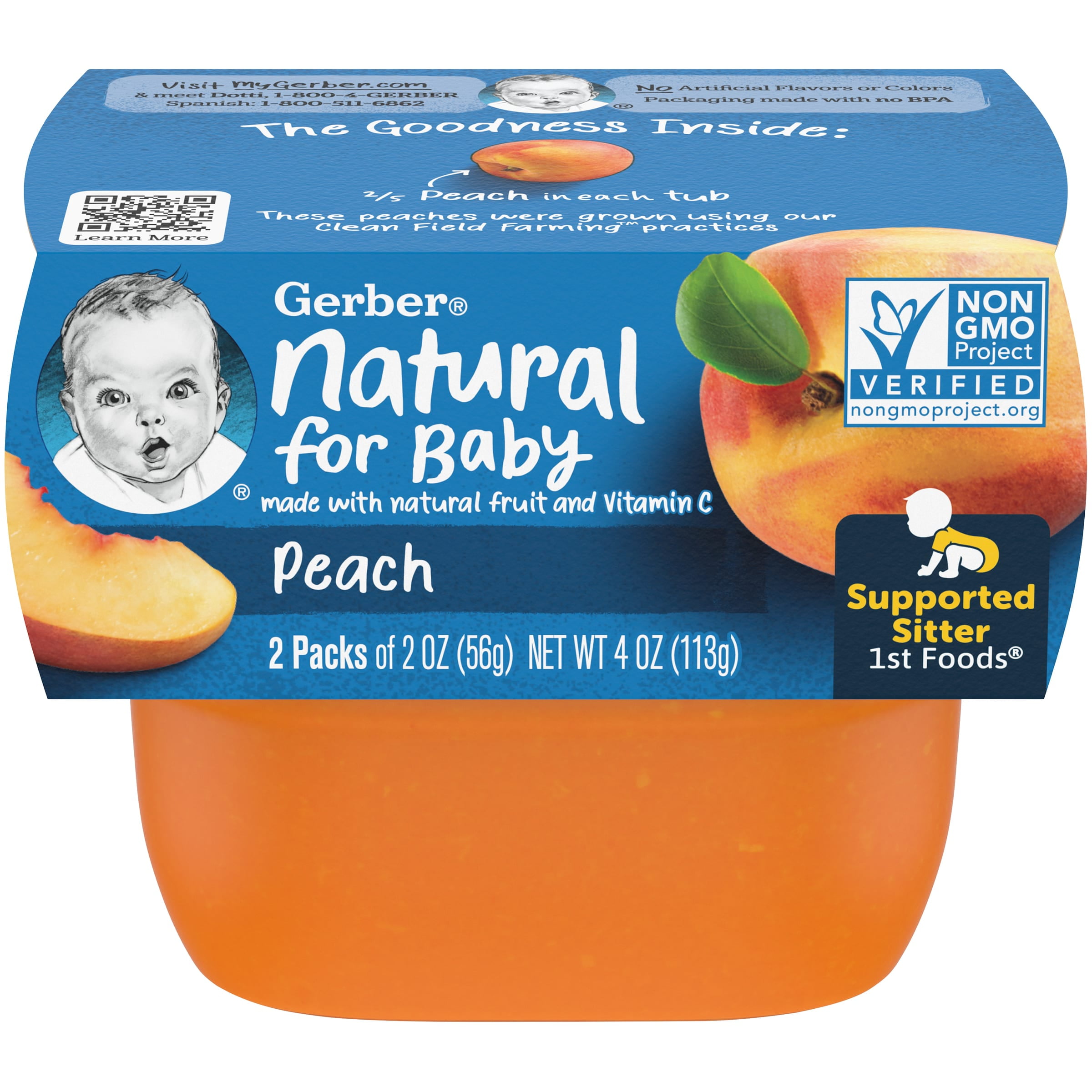 Gerber Natural Stage 1 Baby Food, Peach, 2 oz Tubs (16 Pack)