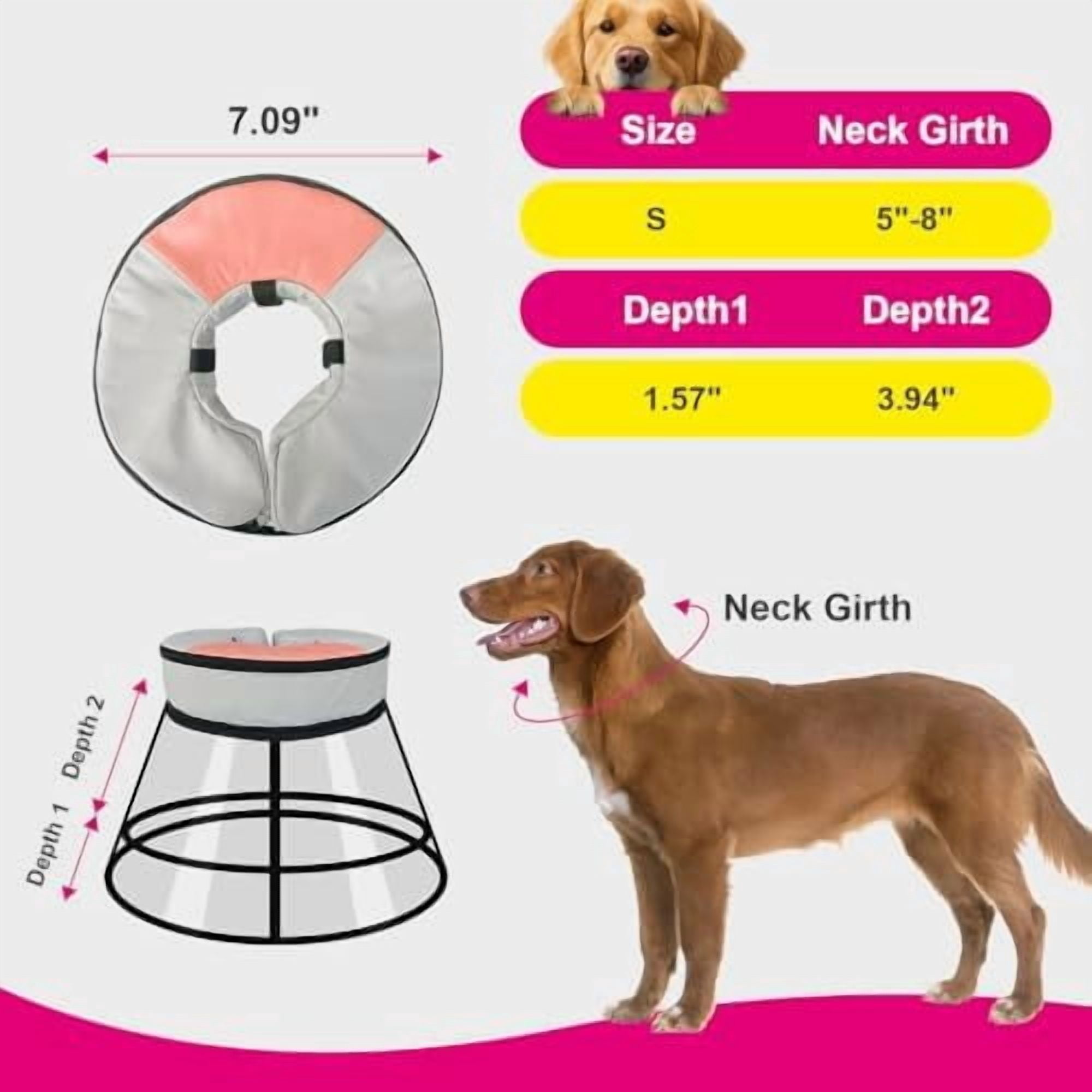 Sponge Core Dog Cat Cone Collar for After Surgery Recovery, Inflatable Dog Cone Alternative,  Dogs Donut Collar Adjustable with 2PCS Cover for Large Medium Small Dogs Cats (Grey+Pink, S)