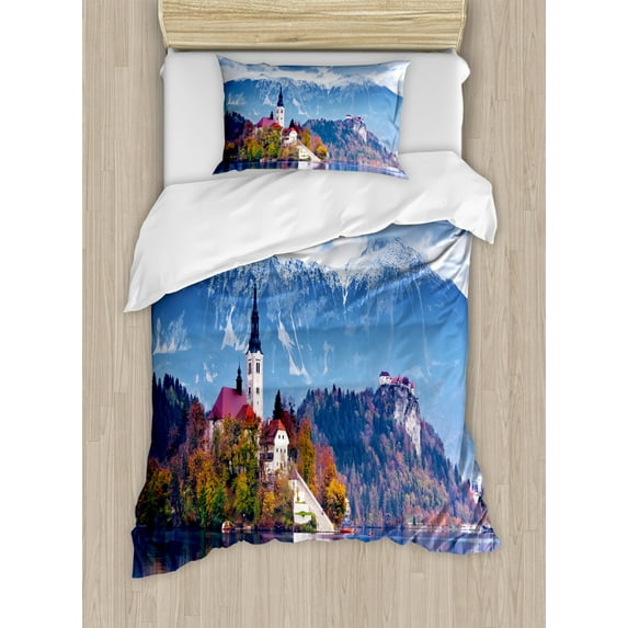 Landscape Duvet Cover Set Twin Size, Photo of Bled in Slovenia with Lake Snowy Mountains and a Castle Pastoral Scenery, Decorative 2 Piece Bedding Set with 1 Pillow Sham, Multicolor, by Ambesonne