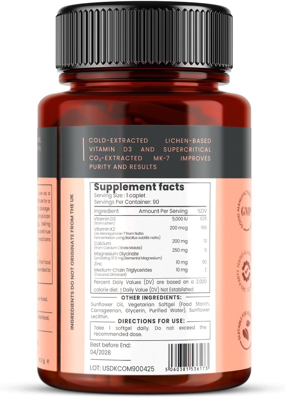 Pureclinica Double Strength D3 + K2 Complex – 5000 IU Vitamin D3 + 100mcg K2 with Magnesium, Calcium & Zinc – Vegan Softgels – 90 Count (3-Month Supply)