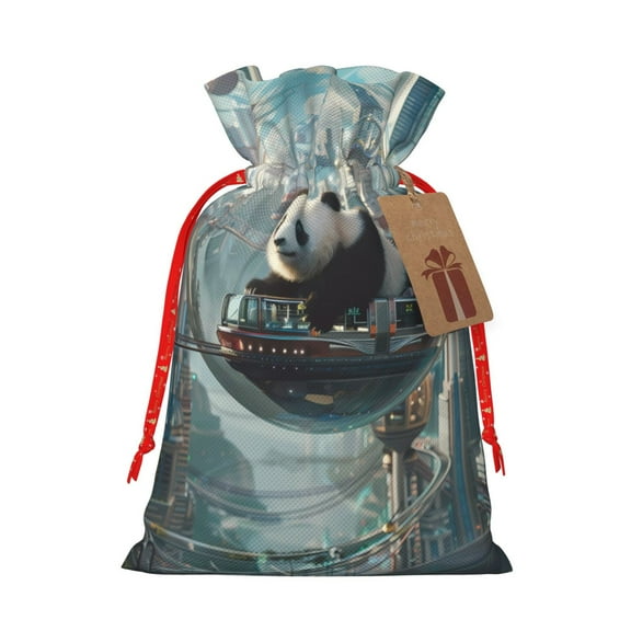 Naloa Panda In Futuristic City Drawstring Christmas Bags, 3D Xmas Gift Bags, Christmas Wrapping Bags, Xmas Goodie Bags, Treat Pouch Bags, Party Favor Bags-Small