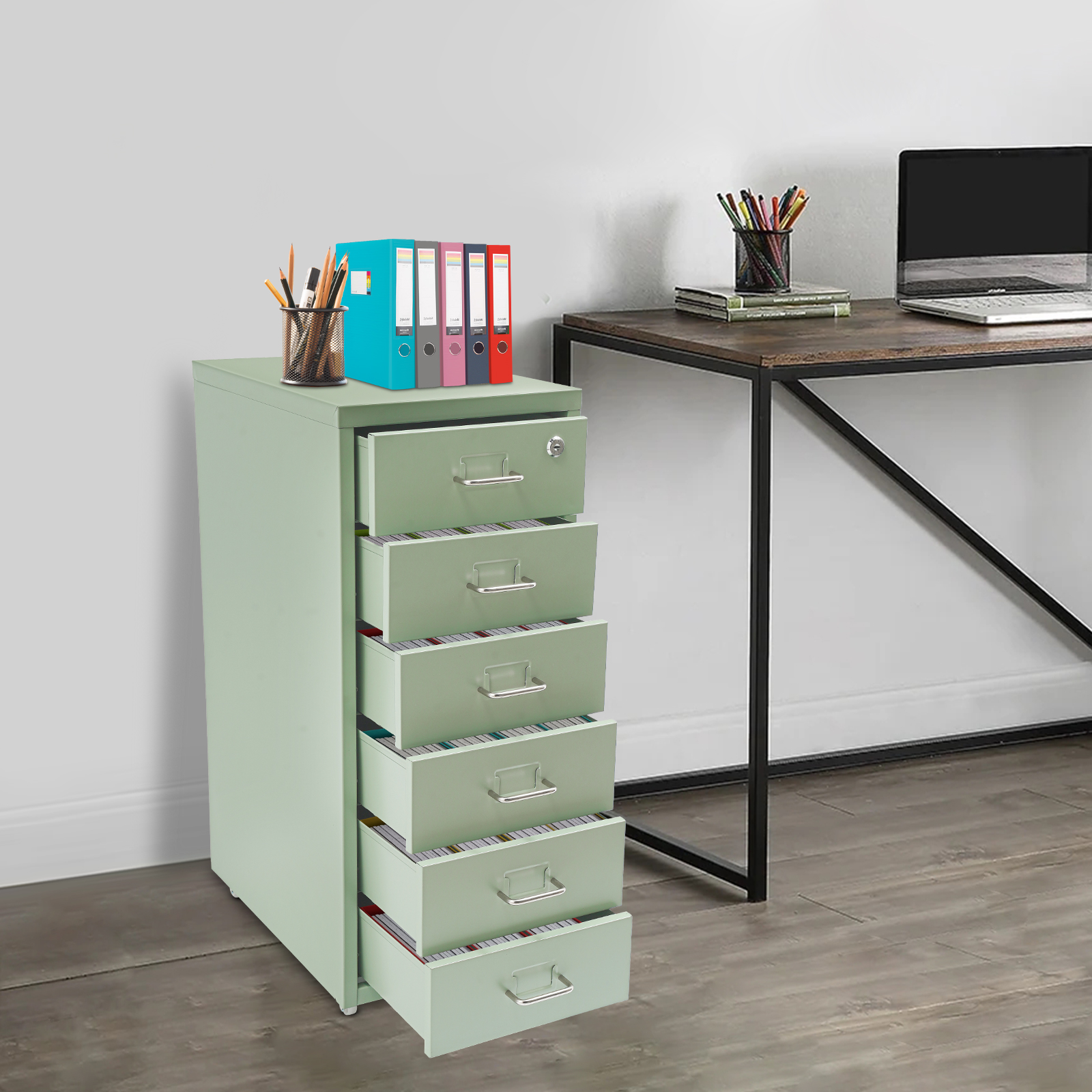 Green Drawer File Cabinet with Lock 6-Drawers Filing Chest Metal Vertical File Cabinet Organizers Movable Under Desk Storage Cabinets for Home Office-11*16*27in, Load 22lbs/ Each Tier, Rectangular