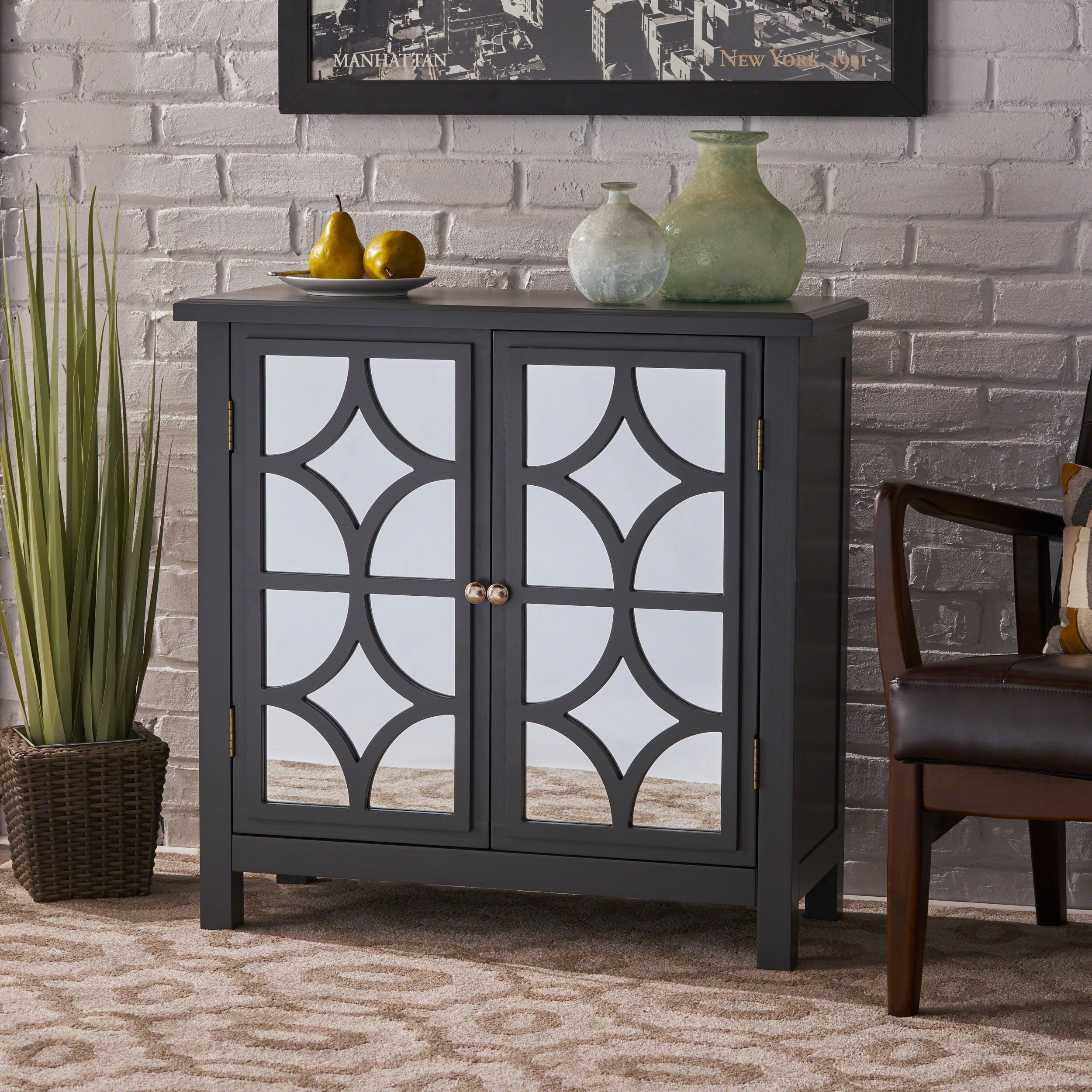 Homy Casa Firwood Mirror Finished Double Door Cabinet, Charcoal Grey