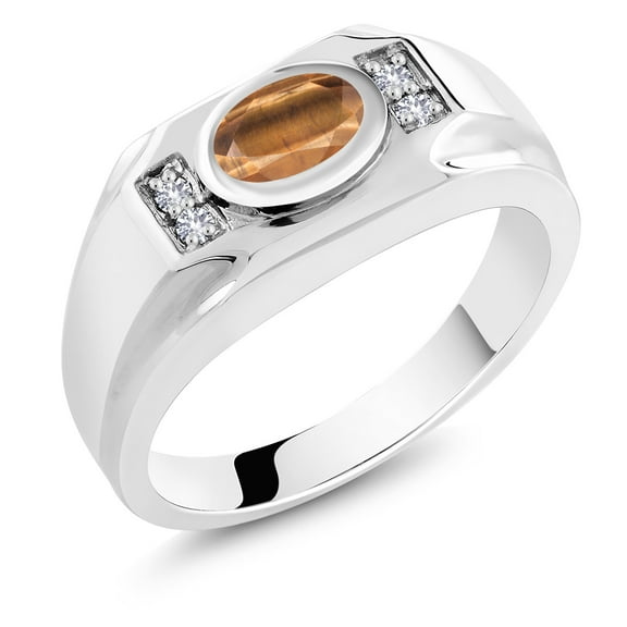 Gem Stone King Men's 925 Sterling Silver Brown Tiger Eye and White Created Sapphire Ring (1.41 Cttw, Gemstone Birthstone, Oval 8X6MM,, Size 11)