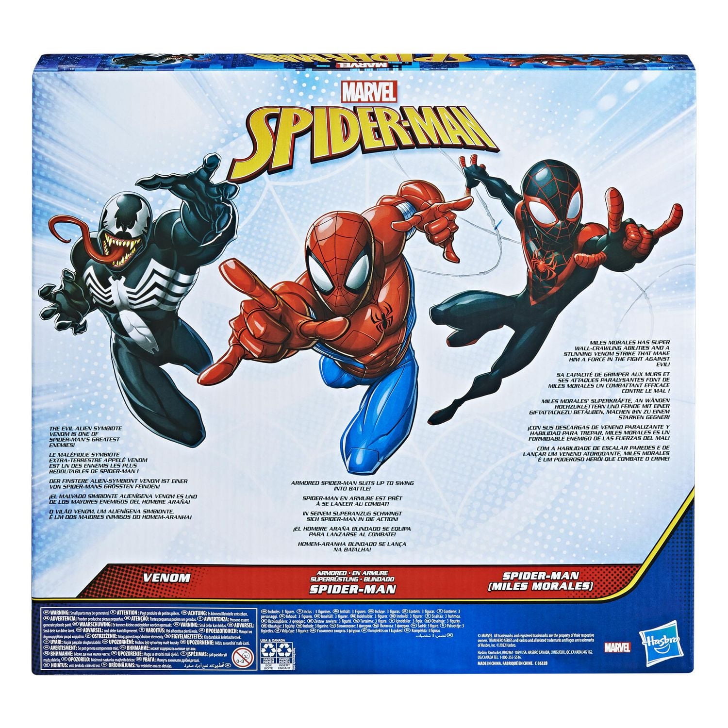 Marvel Spider-Man Titan Hero Series, pack de 3 figurines de 30 cm avec Spider-Man (Miles Morales), Spider-Man en armure et Venom, dès 4 ans