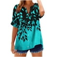 thumbnail image 3 of Fatuov Summer Button-Up Shirts for Women Short Sleeve V-Neck Floral Printed Blouses Loose and Fashionable Tops Blue L, 3 of 5