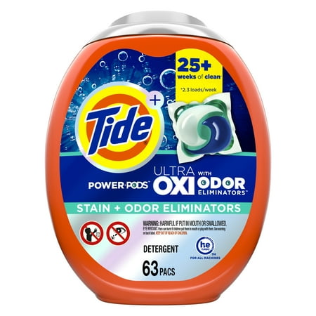Tide Ultra OXI Power PODS with Odor Eliminators Laundry Detergent Pacs, 63 Count, For Visible and Invisible Dirt