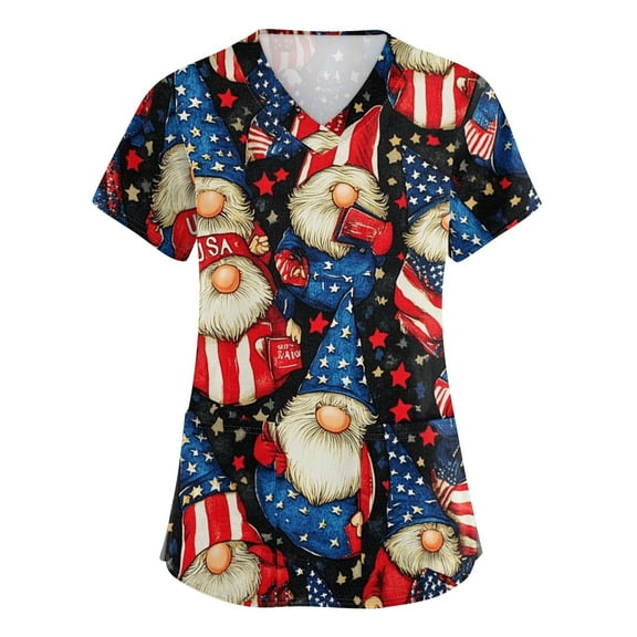 Red White And Blue Shirts For Women, 4Th Of July Scrub Tops Women Plus Size V Neck Short Sleeve Workwear With Pockets Royal American Flag Top Pink Nurse Scrubs Shirts Tank (L, Black) ZMTing
