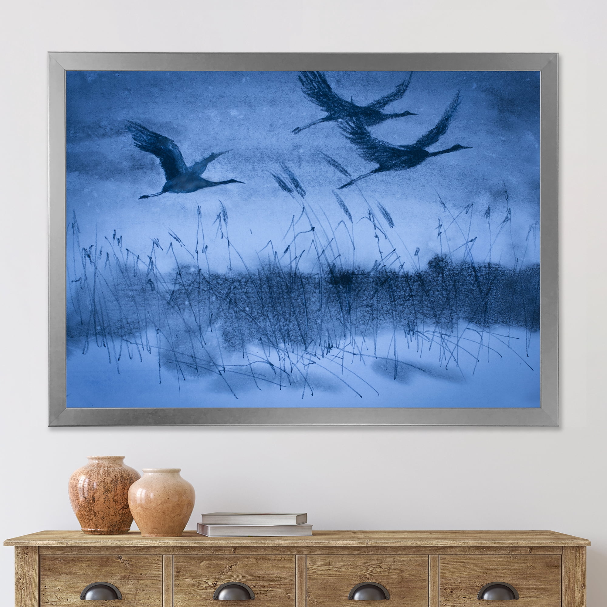 Cranes In Flight During Blue Evening Light 40 in x 30 in Framed Painting Canvas Art Print, by Designart