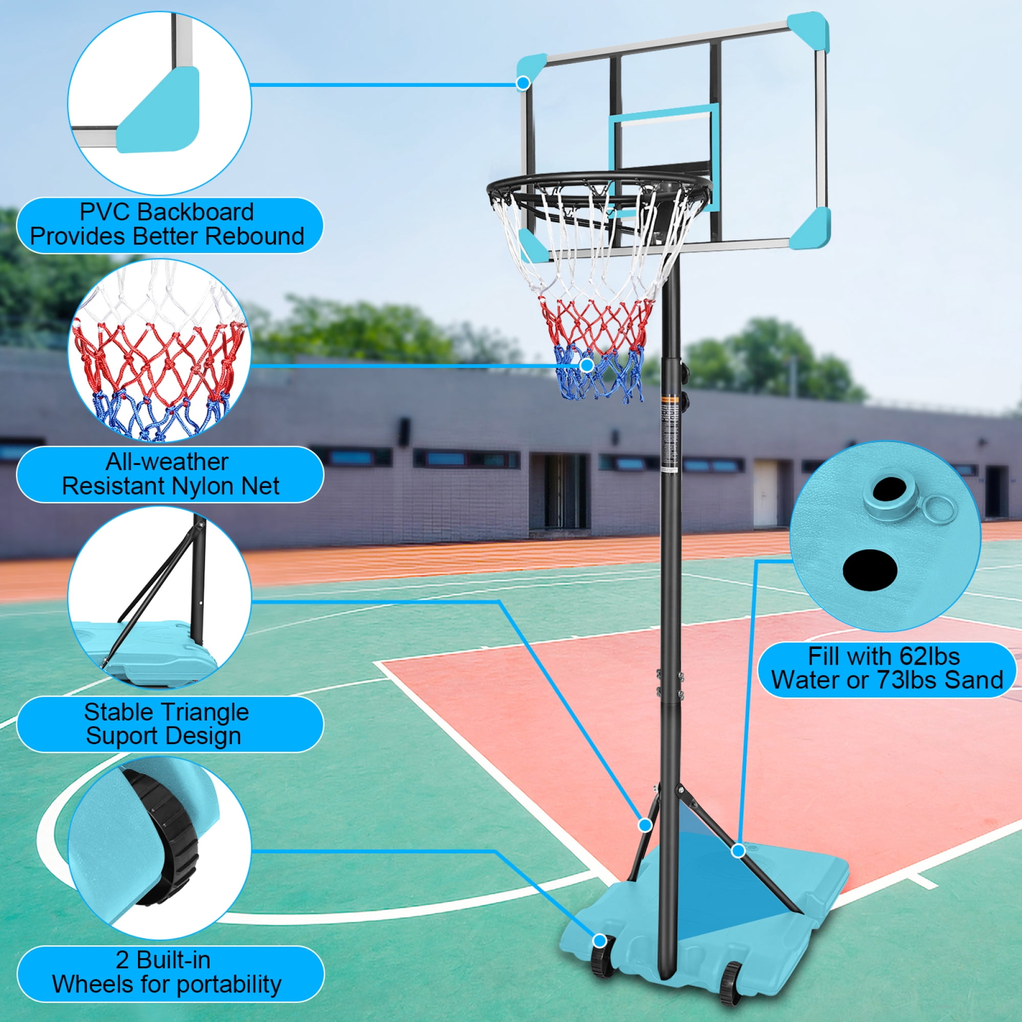 Portable Basketball Hoop,Outdoor Basketball Hoop Adjustable Height 5.6ft - 7ft,28 Inch Backboard with 2 Wheels for Kids Youth in Backyard Driveway,Blue