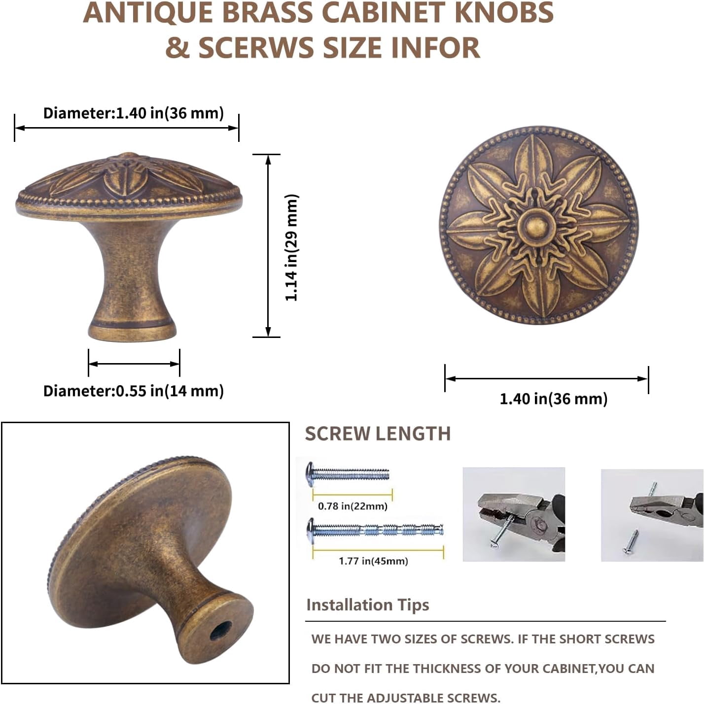 4 Pack Antique Brass Cabinet Knobs Vintage Dresser Drawer Knobs,1.4" Round Kitchen Handles for Cabinets and Drawers Rustic