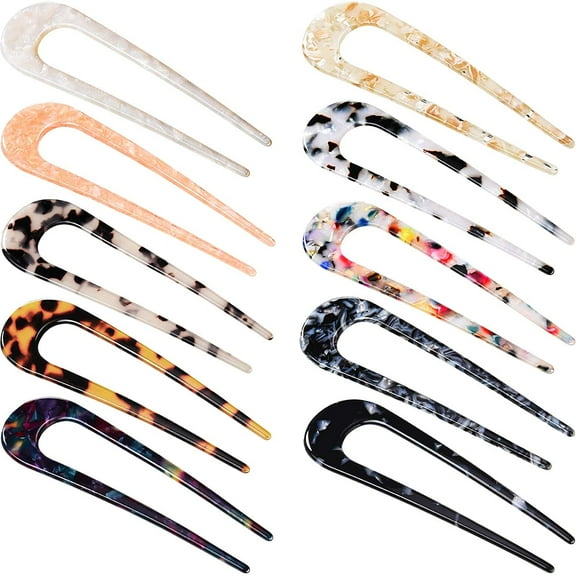10 Pieces U-Shaped Hairpin with 2 Prongs Hair Pin Fork Sticks French Style Shape Hair Clips Celluloid Acetate Tortoise Shell Hair Pin Updo Chignon Pin for Women Girls