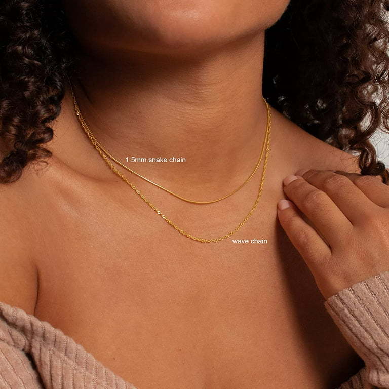 Tewiky Gold Chain Necklace for Women, 14k Gold Plated Thin Beaded Wave Box  Chain Necklace Dainty Gold Necklace Simple Layered Gold Choker Necklaces