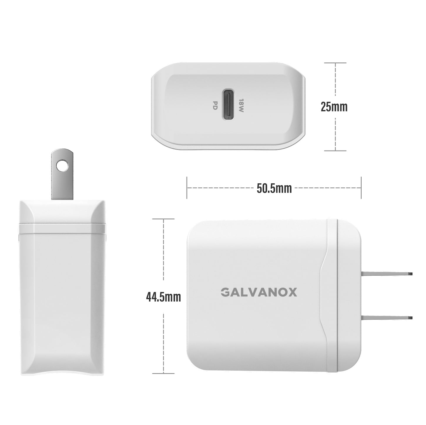 Galvanox USB C Charger - 18W PD Wall Adapter Plug with 5FT Charging Cable (Power Delivery Technology) C-C Cord and Fast Adapter (2.0 / 3.0) White