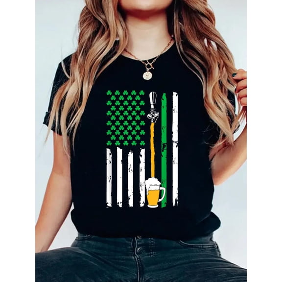 100% Cotton Irish American Flag Beer Shirt St Patricks Day Men Women T-Shirt Print Round Neck Cotton T-Shirt, Summer Women's Tops, gift