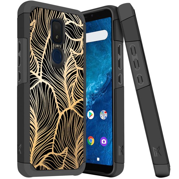 ANJ  Dual Layer Shockproof Hybrid Case   [Tempered Glass] Cover for Cricket Icon 3, Splendor, AT&T Motivate 2 - Golden Leaves