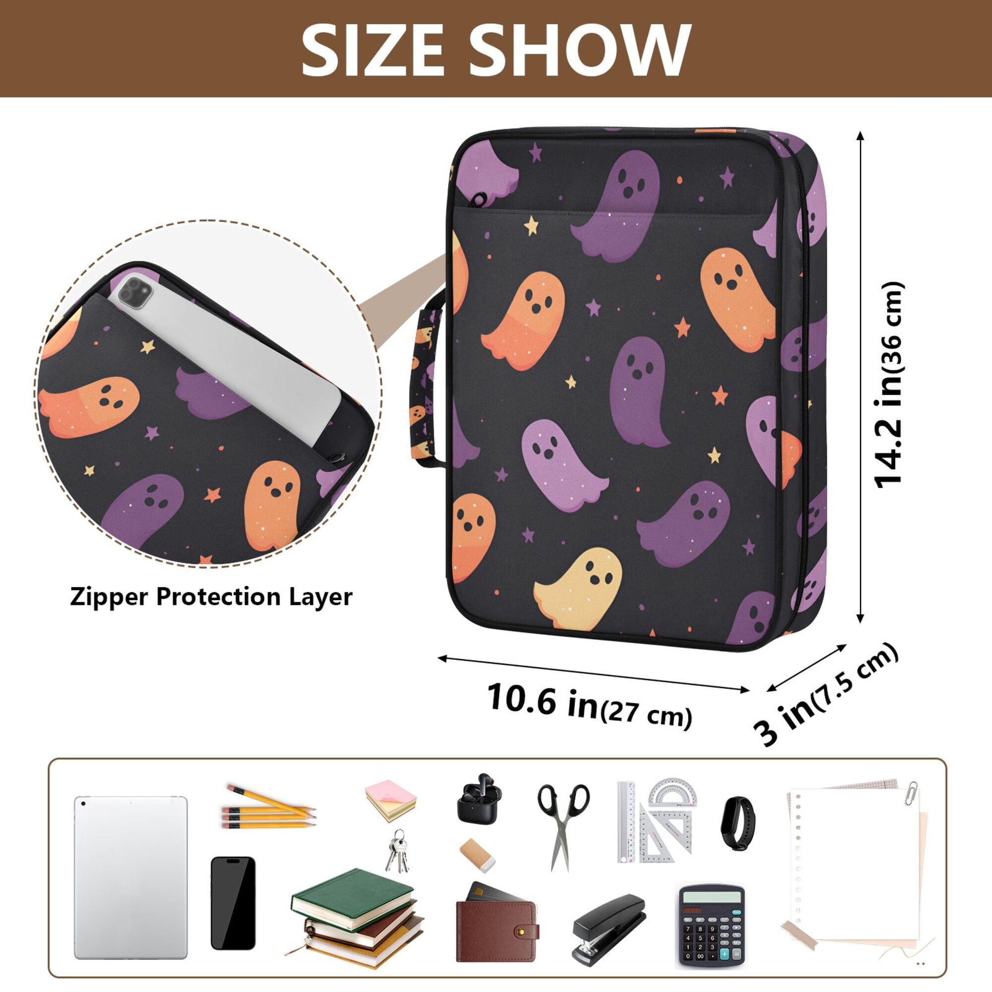 FORMRS Accordion File Folder A4 Size 7-Pocket Expanding Document Organizer Bag with 3 Ring Binder, Halloween Purple Ghosts